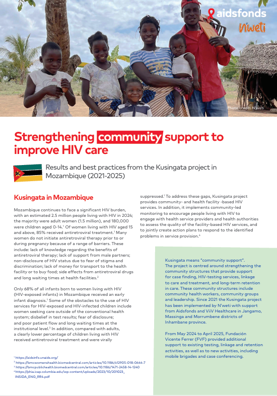 Group of adults and children standing in front of a rural home, with text below titled “Strengthening community support to improve HIV care” detailing the Kusingata project in Mozambique.