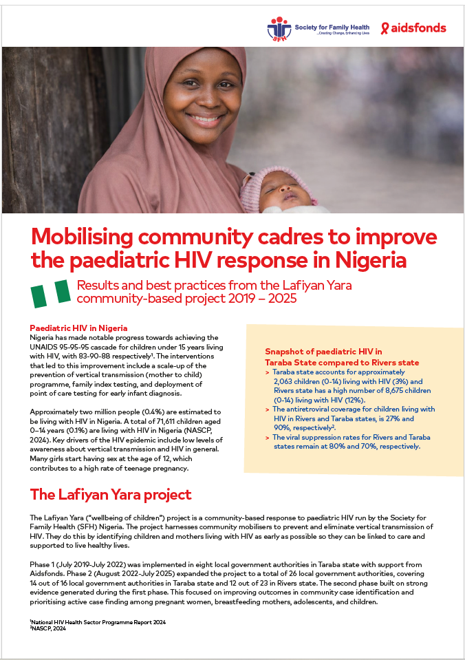 A smiling woman wearing a headscarf holds a baby. Text details a project to improve paediatric HIV response in Nigeria from 2019 to 2025, with project facts and statistics.