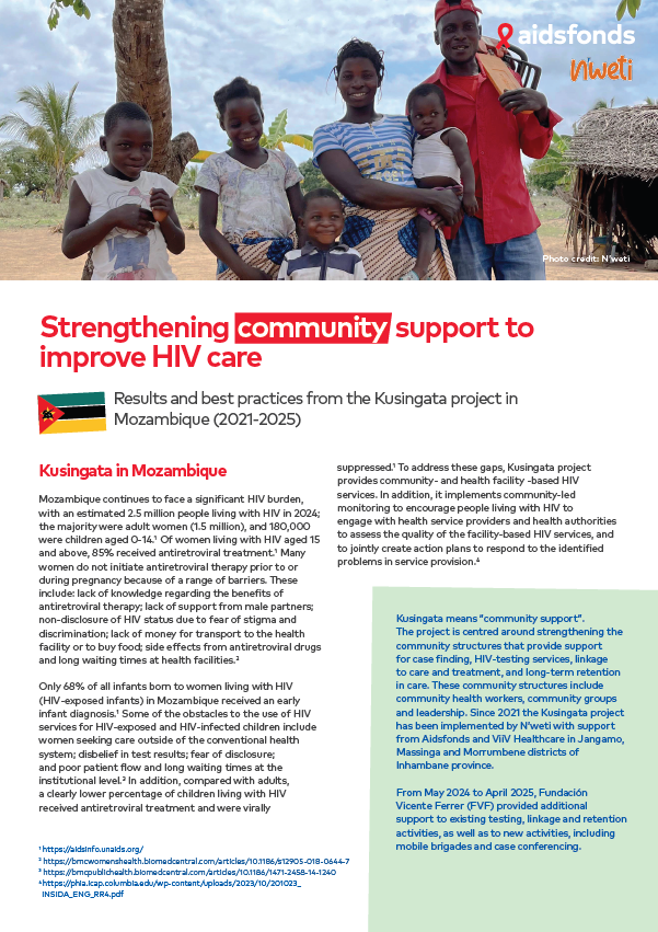A group of smiling adults and children stand outdoors in Mozambique; text details a project supporting community HIV care and highlights key project results and approaches.