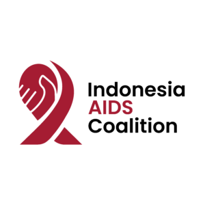 Logo of the Indonesia AIDS Coalition, featuring a red ribbon and a hand motif on a grey background.