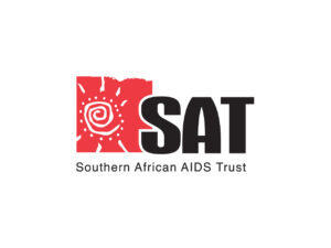Logo of Southern African AIDS Trust (SAT) with a red background featuring a spiral design and the acronym 