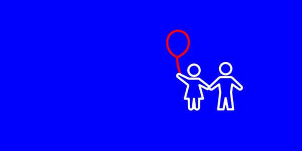Simple white line drawing of two stick figures holding hands, one holding a red balloon, on a solid blue background, subtly reflecting the Theory of Change in the fight against paediatric HIV.