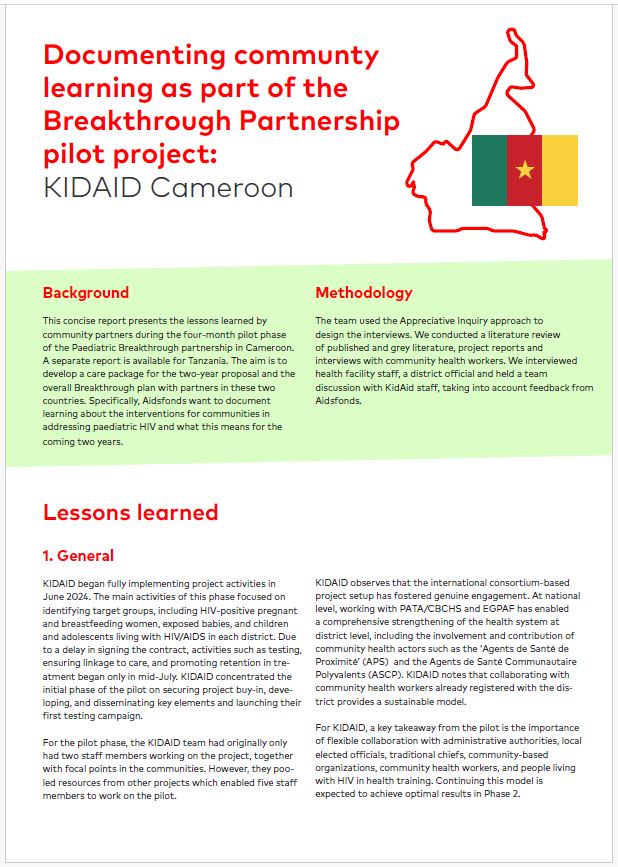 Document cover for "Documenting Community Learning: KIDAID Cameroon Pilot Project" with Cameroon map and flag. Includes sections on Background, Observations, and Lessons Learned.