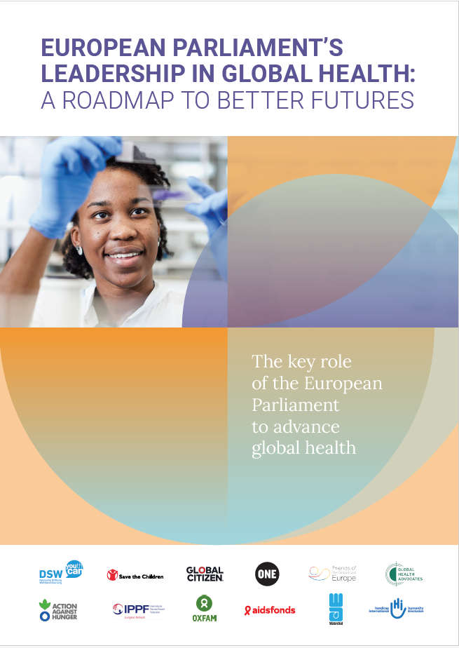 Cover of joint paper featuring "European Parliament's Leadership in Global Health: A Roadmap to Better Futures," showcasing an image of a smiling lab worker and the logos of various organizations, highlighting their commitment to advancing global health initiatives.