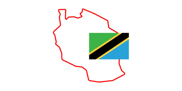 Outline of Tanzania with the flag positioned inside, showing green, yellow, black, and blue diagonal stripes.