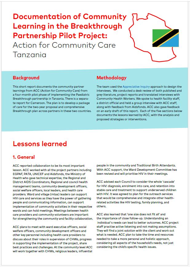 Screenshot of a document titled "Documentation of Community Learning in the Breakthrough Partnership Pilot Project: Action for Community Care Tanzania," featuring sections on background, methodology, and lessons learned, with insights into paediatric HIV services in Tanzania.