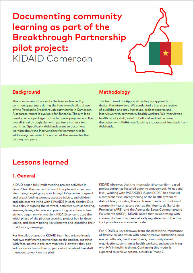 Document about the Breakthrough Partnership pilot project by KIDAID Cameroon, detailing background, methodology, and lessons learned in paediatric HIV services Cameroon, with sections highlighted in green, yellow, and red.