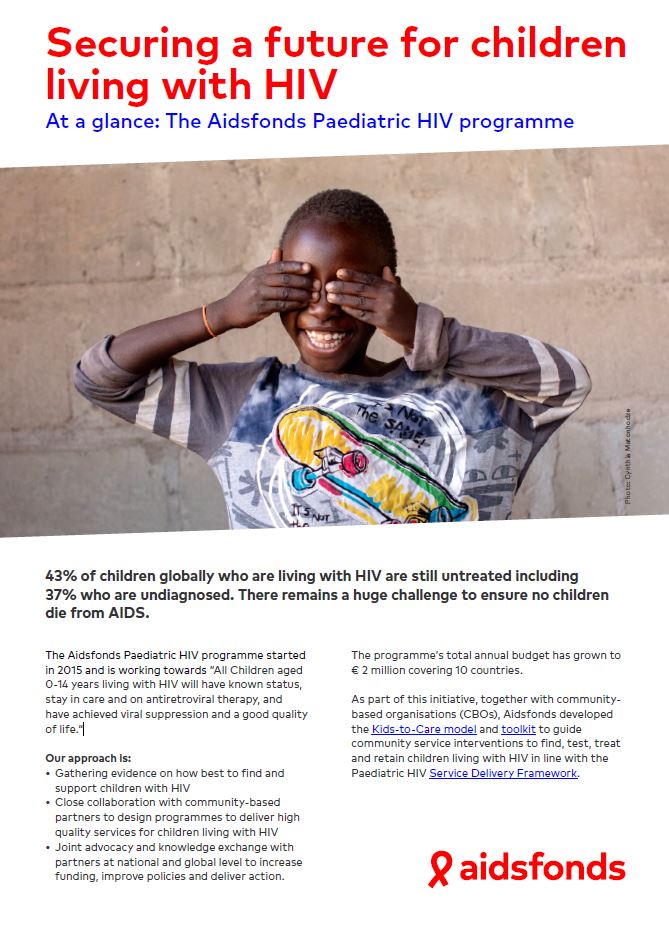 Child smiling, covering one eye with hand. Text discusses Aidsfonds Paediatric HIV programme, highlighting global challenges in treating children with HIV and current statistics.