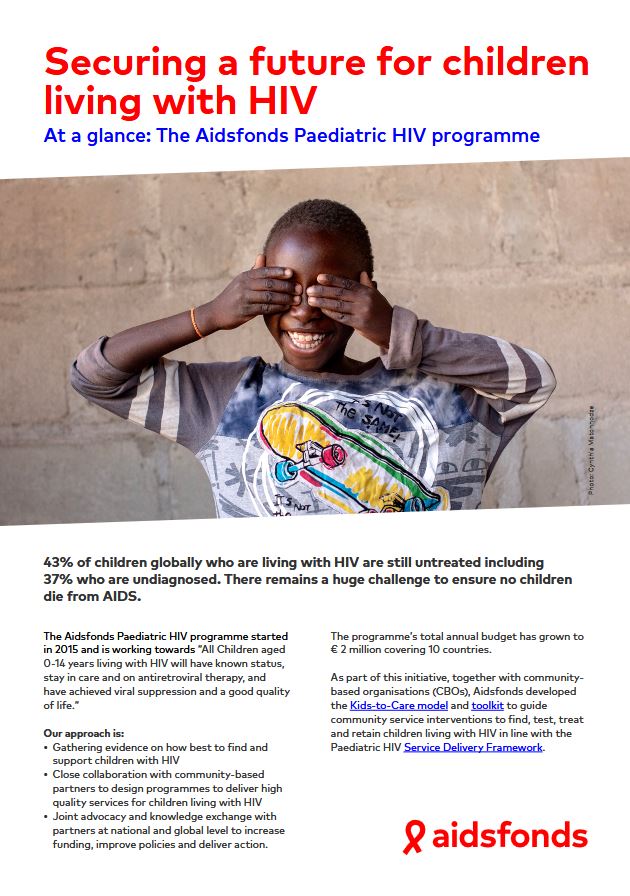 Advertisement for Aidsfonds Paediatric HIV Programme, highlighting statistics on children with HIV, programme details, goals, and benefits, with an image of a smiling child in a striped shirt.