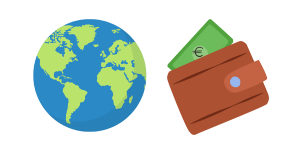 Illustration of a globe next to a brown wallet with a euro banknote partially visible, symbolizing global budgeting.