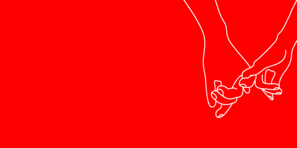 White outlines of two hands with pinky fingers intertwined, grace the red background.