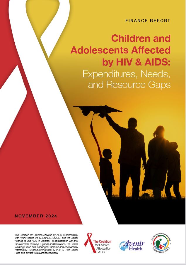 Cover of a finance report titled "Children and Adolescents Affected by HIV & AIDS: Expenditures, Needs, and Funding Gaps," featuring a silhouette of a group with a kite at sunset.