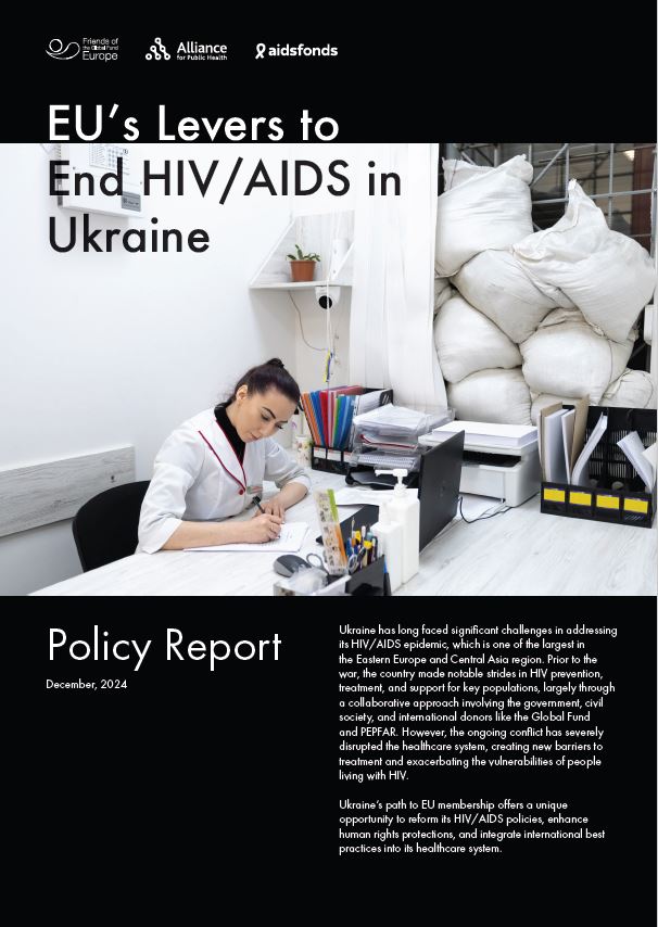 A person working at a desk with papers and test tubes, surrounded by an intense atmosphere of focus. The cover reads "EU's Strategic Levers to Combat HIV in Ukraine: Policy Report December 2024.