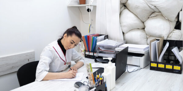 A woman in a white coat writes at a desk in an office. The desk has a laptop, files, and office supplies. Berlap sacks are piled in the background.