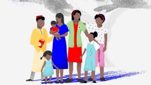 Illustration of six people standing together, including three adults and three kids in colorful clothing. One person holds a child while another displays a red cross emblem.