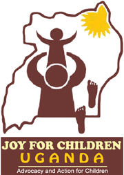 Logo for Joy for Children Uganda showing a stylized adult lifting a child inside an outline of Uganda, with a yellow sun in the top right corner.