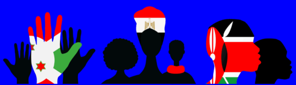 Illustration of silhouettes and hands featuring the flags of Burundi, Egypt, and Kenya on a blue background.