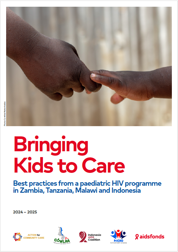 Close-up of an adult's hand gently holding a child's hand, featured on a report cover about Bringing Kids to Care best practices in paediatric HIV care in Zambia, Tanzania, Malawi, and Indonesia.