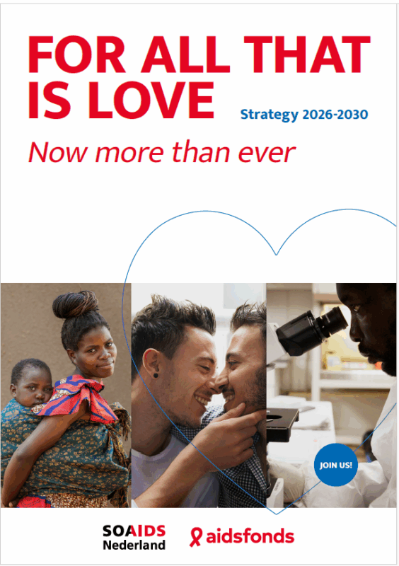 Poster with large text reading "FOR ALL THAT IS LOVE" and "Now more than ever," featuring images of a woman with a child, two men smiling closely, and a scientist using a microscope.