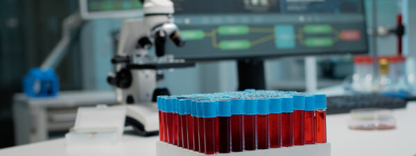 A group of test tubes filled with red liquid, each capped with a blue lid, sits in a rack on a lab bench with a microscope and computer monitors in the background.