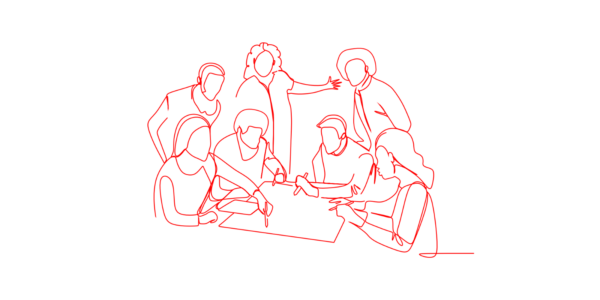 A group of seven people, drawn in a single red line, gather around a table, collaborating and discussing something on a large sheet of paper.