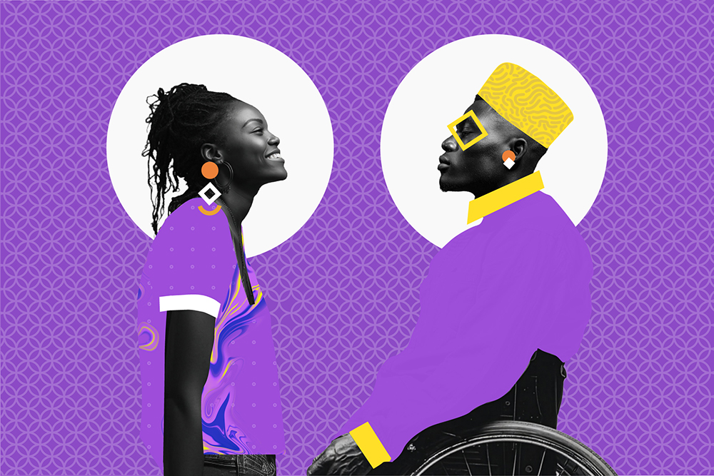 A woman and a man in a wheelchair face each other, both wearing purple outfits with geometric patterns, set against a purple patterned background.