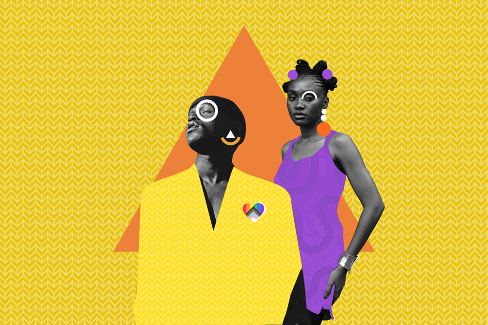 A man in a bright yellow suit and a woman in a purple dress stand in front of a yellow patterned background with an orange triangle.