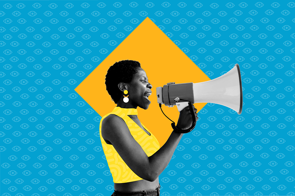 A person wearing a sleeveless yellow top shouts into a megaphone against a blue background with eye patterns and a large yellow diamond shape.