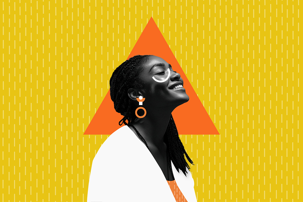 A woman with braided hair smiles, set against a yellow background with a vertical pattern and an orange triangle behind her. She wears earrings and a white top.