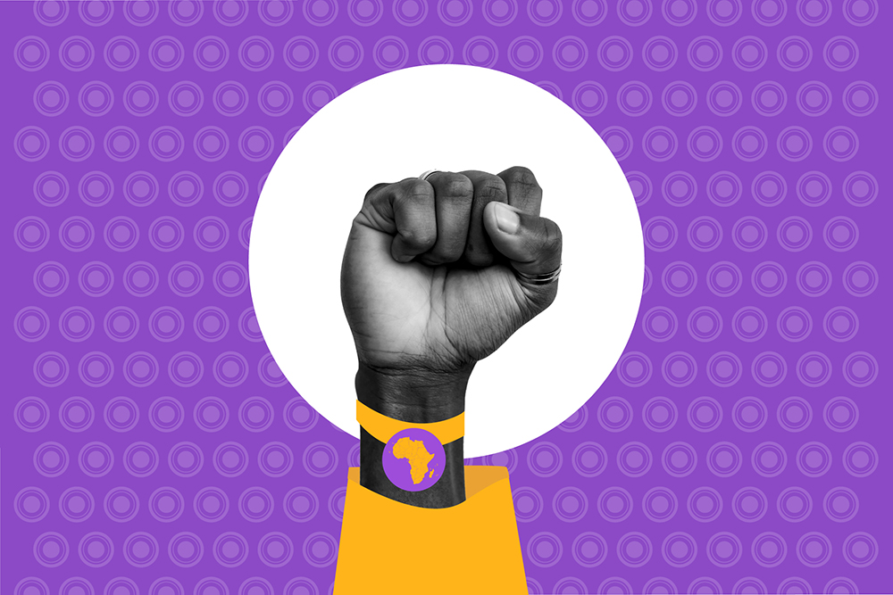 A raised fist in black and white with a wristband featuring an African continent icon; the background is purple with circular patterns and a white circle behind the fist.