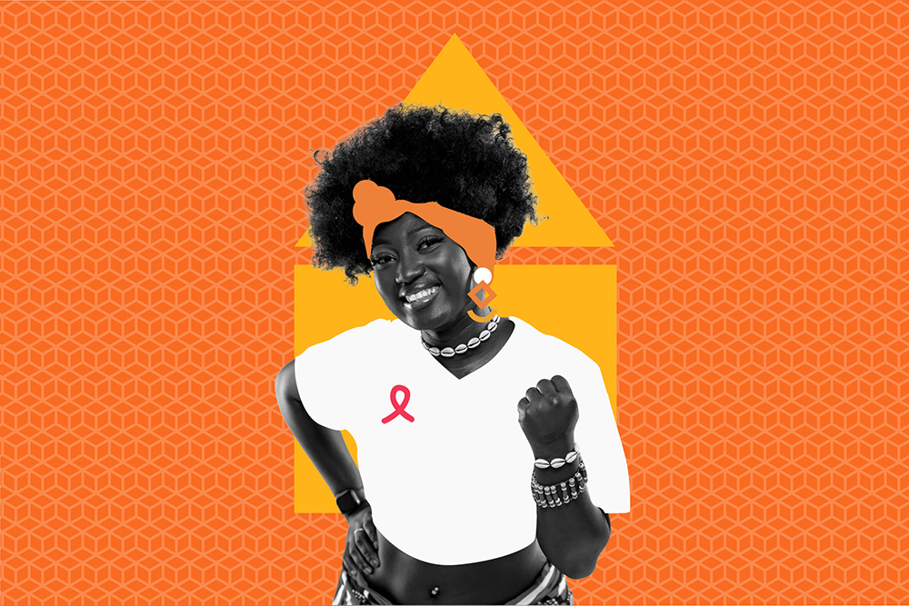 A woman with curly hair and a headband stands confidently, wearing a white shirt with a pink ribbon, in front of an orange geometric background with a yellow house shape.