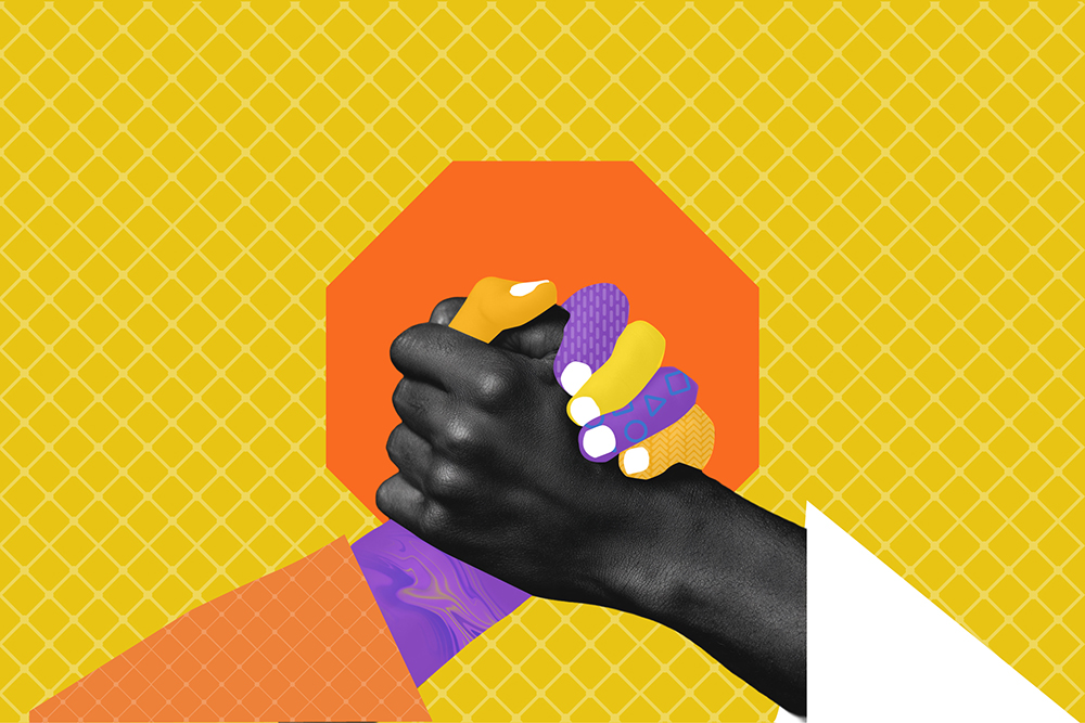 Two hands clasping each other in front of an orange octagon, with a yellow grid background and abstract purple and orange shapes.