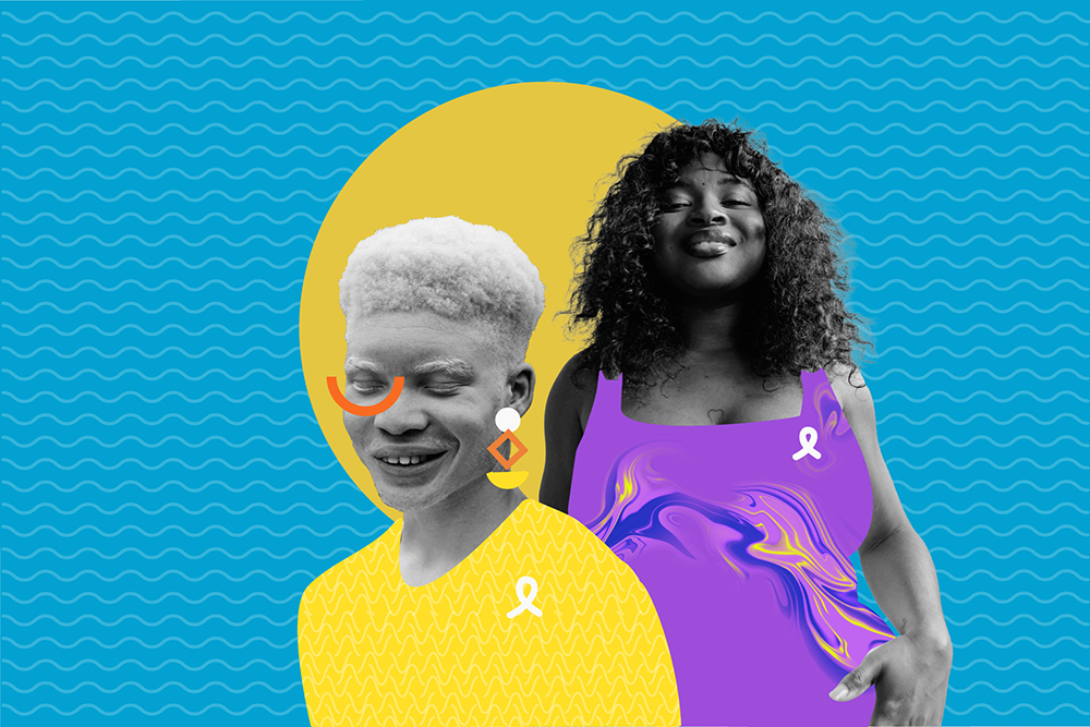 Two people stand in front of a blue wavy background with a yellow circle. Both wear white awareness ribbons; one has light skin and short hair, the other has dark skin and curly hair.