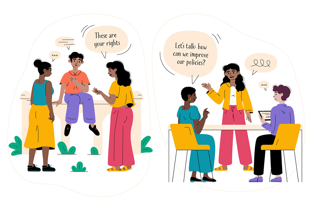 Two illustrations show diverse people in discussion; one group talks about rights outdoors, another group discusses policy improvements indoors at a table.