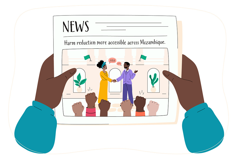 Illustration of hands holding a newspaper with a headline on harm reduction in Mozambique, showing two people shaking hands and a crowd raising fists in support.