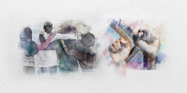 A group of people stand with arms around each other on the left; on the right, raised fists appear in front of a pastel-colored pride flag background.