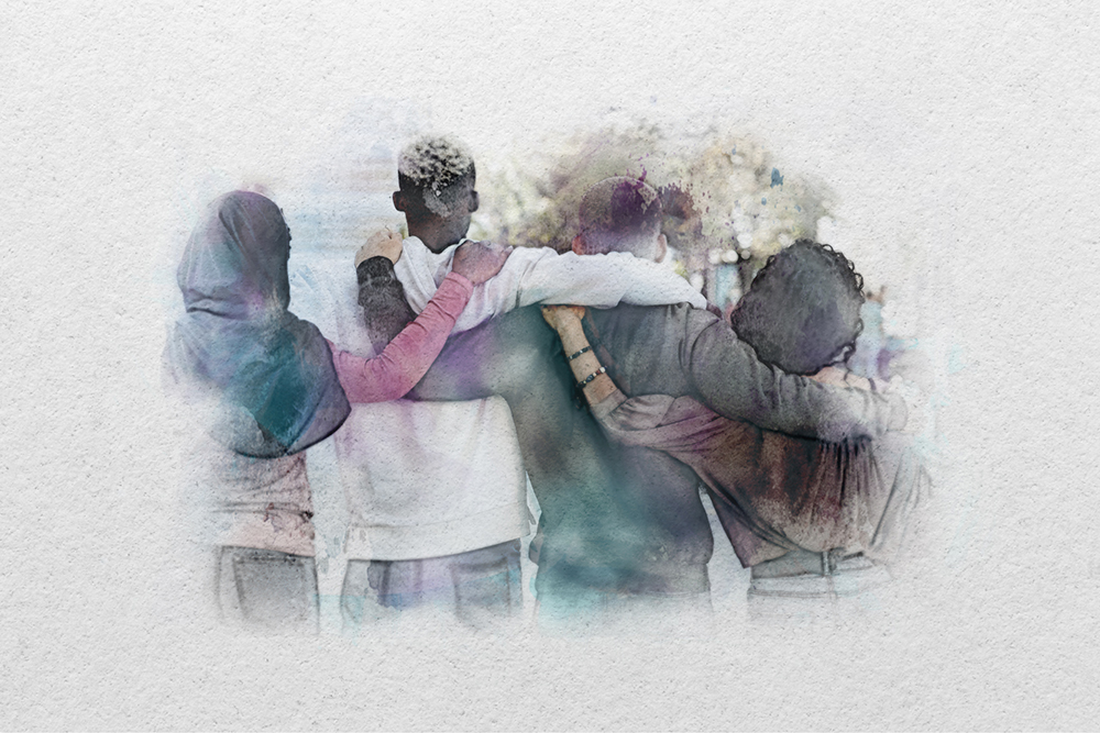 Four people stand side by side with their arms around each other’s shoulders, facing away from the camera against a light, textured background.