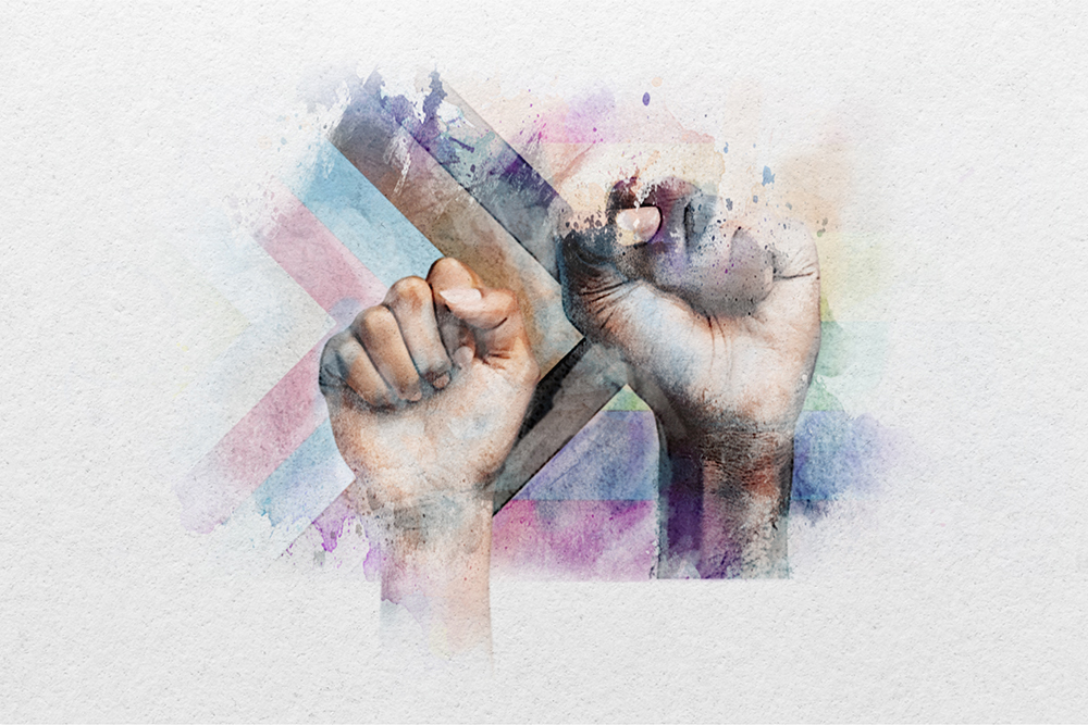 Two raised fists in front of a faded Progress Pride flag, illustrated in a watercolor style.