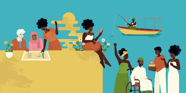 Illustration of diverse people: two planning at a table, a person reading, a person fishing on a boat, and three others standing together, including one in a wheelchair.