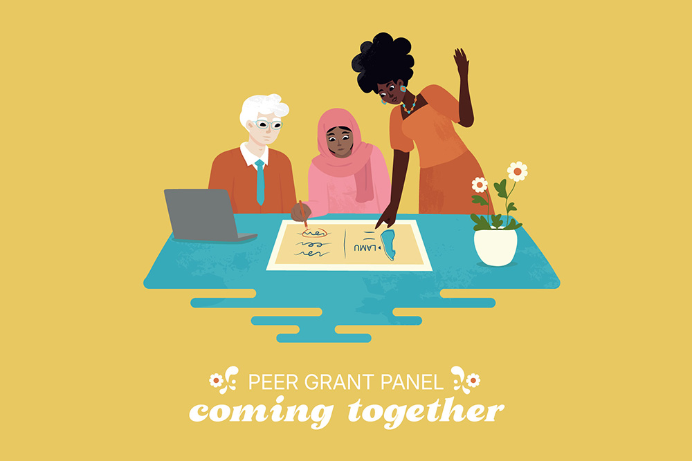 Three people of diverse backgrounds sit and stand around a table reviewing documents, with a laptop and potted plant, under the text "Peer Grant Panel coming together.