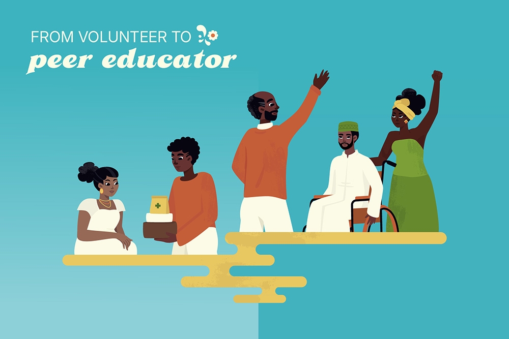 Illustration of five people, including two in wheelchairs, with text "From volunteer to peer educator" on a blue background.