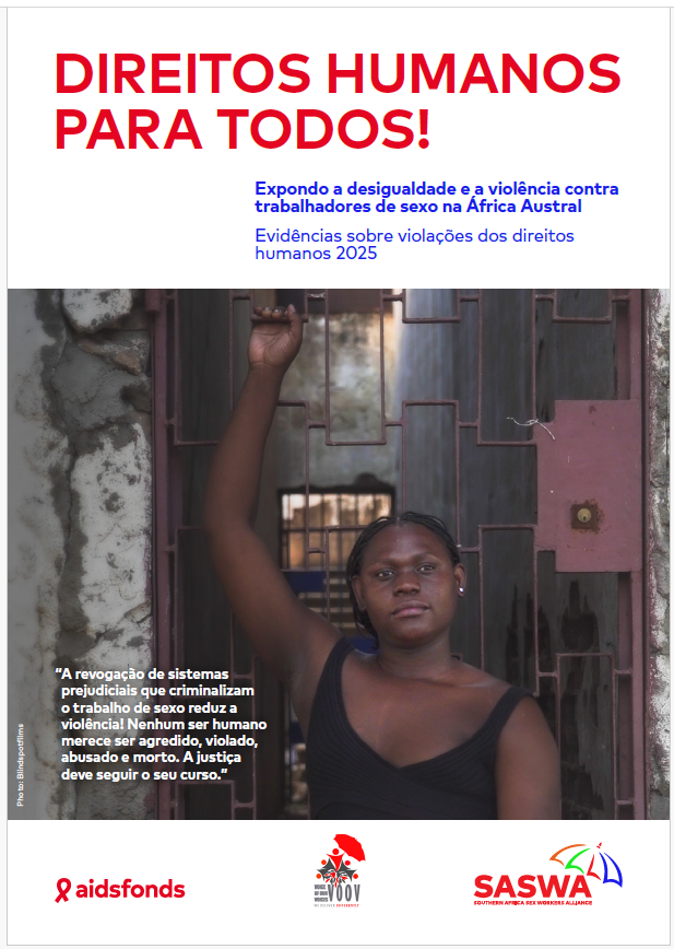 A person holding a fist in the air stands in front of a wall, next to a quote about sex workers' rights; text above reads "DIREITOS HUMANOS PARA TODOS!" highlighting human rights violations against sex workers in Southern Africa.