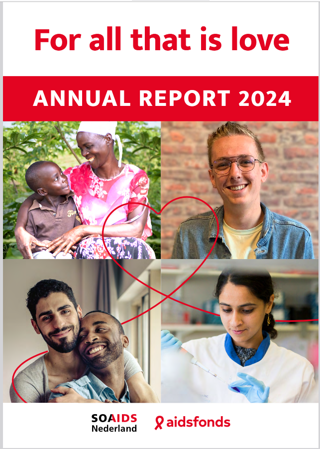 Collage of four images: a woman and child smiling outdoors, a smiling man, two men embracing, and a scientist working in a lab; aidsfonds and SOAIDS Nederland logos appear at the bottom.