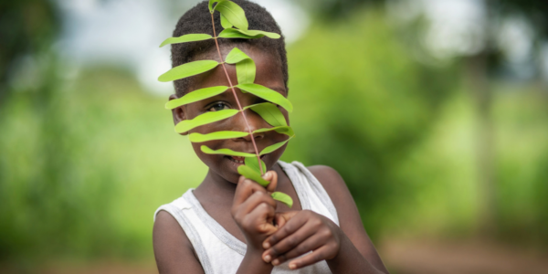 A child in a white tank top holds a leafy green branch, partially covering their face, while standing outdoors with a blurred green background.